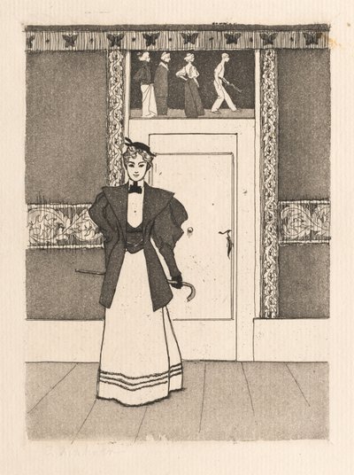 Sisustus, jossa nuori nainen kävelyasussa, 1895. tekijältä Eugen Kirchner