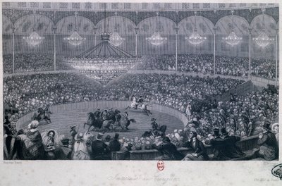 Hevosnäytös Franconin sirkuksessa, Champs Elysees, Pariisi, Eugene Louis Lami (1800-1890), kaiverrettu Charles Mottramin (1807-1876) teoksesta Kesä ja talvi Pariisissa. tekijältä Eugene Louis Lami