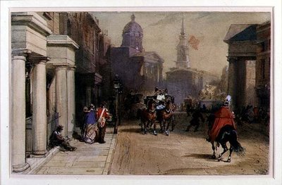 Trafalgar Square Pall Mallilta, n. 1848-52 (akvarelli ja guassi kynällä paperille) tekijältä Eugene Louis Lami