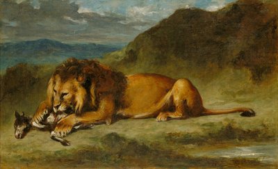 Lion Devouring a Goat, n. 1850 (öljy kankaalle) tekijältä Eugene  Delacroix