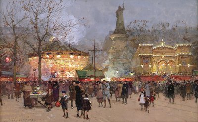 Fete, Place de La Republiquessa, Pariisissa (musta liitu ja guassi paperilla) tekijältä Eugene Galien Laloue