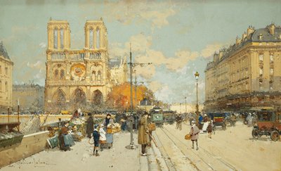 Figuurit aurinkoisella pariisilaiskadulla, Notre Dame vasemmalla tekijältä Eugene Galien Laloue