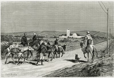 Trailerimme liikkuu. Kaiverrettu Eugene Girardet havainnollistamaan tarinaa "" Voyage en Tunisie"", historioitsija Rene Cagnat (1852-1937) ja arkkitehti Henri Saladin (1851-1923), tilaus 1882-1883 opetusministeriön toimesta. Julkaistu i tekijältä Eugene Alexis Girardet