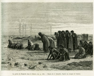 Moghreb-rukous Saharassa. J.Girardetin kaiverrus havainnollistamaan tarinaa Cinq mois chez les moures nomades du Sahara occidental, vuonna 1887, Camille Douls, in le tour du monde 1888, ohjaajana Edouard Charton (1807-1890), Hachette, Pa tekijältä Eugene Alexis Girardet