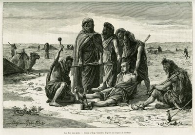 Tahto menee jalkoihin. Kaiverrus Eugene Girardet, havainnollistamaan tarinaa Cinq mois chez les moures nomades du Sahara occidental, vuonna 1887, Camille Douls, tour du monde 1888, Edouard Chartonin (1807-1890) johdolla, Hachette, Pariisi. tekijältä Eugene Alexis Girardet