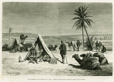 Matkailijoiden leiri Tozeurin läheisyydessä. Kaiverrus Eugene Girardet havainnollistamaan tarinaa Voyage en Tunisie, R. Cagnat ja H. Saladin, in le tour du monde 1886, ohjaaja Edouard Charton (1807-1890), Hachette, Paris. tekijältä Eugene Alexis Girardet