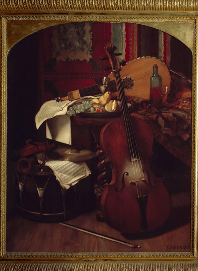 Asetelma soittimien kanssa. Eugene Appertin maalaus (1814 - 1867) tekijältä Eugene Appert