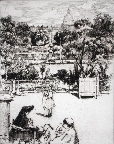 Pariisilainen puisto, teoksesta "Du Ier au XXeme: Les Arrondissements de Paris...", julkaistu 1903 (etsaus) tekijältä Eugene Bejot