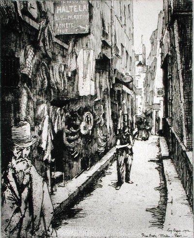 Pariisilainen katu, teoksesta "Du Ier au XXeme: Les Arrondissements de Paris...", julkaistu 1903 (etsaus) tekijältä Eugene Bejot