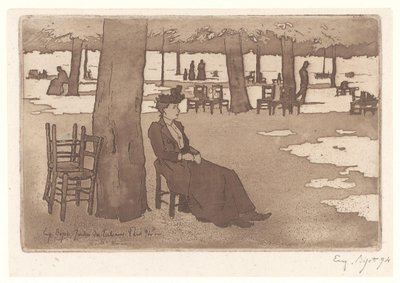 Nainen Tuileries-puutarhan puutarhassa Pariisissa Jardins des Tuileries Paris (otsikko esineessä) tekijältä Eugene Bejot