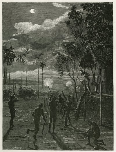 Tohtori Harmand herää keskellä yötä alkuperäiskansojen khasien kiväärien ääneen ampuen auringonpimennyksen kohteena olevaa kuuta Attopeussa (Laos), Eugene Burnandin kaiverrus havainnollistamaan Laosin ja villieläinten tarinaa Indon populaatiot tekijältä Eugene Burnand