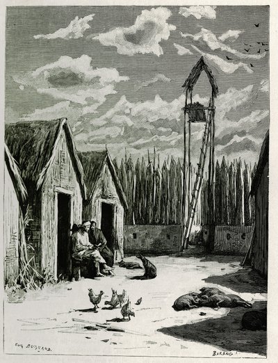 Lähetyssaarnaajien aukio Meuong Nganissa. Kaiverrus Eugene Burnand, havainnollistamaan tarinaa "Matka Ylä-Laosissa", vuonna 1880, tohtori P.Neis. Julkaistu Le Tour du monde, nouveau journal des voyages, 2. lukukausi 1885, toimittanut Edouard Charton (1807- tekijältä Eugene Burnand
