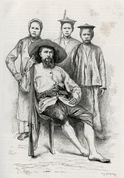Muotokuva kirjailijasta, ympäröi hänen matkakumppaninsa. Kaiverrus Eugene Burnand havainnollistamaan tarinaa "Matka Ylä-Laosissa", vuonna 1880, kirjoittanut tohtori P.Neis. Julkaistu Le Tour du monde, nouveau journal des voyages, 2. lukukausi 1885, toimitt tekijältä Eugene Burnand