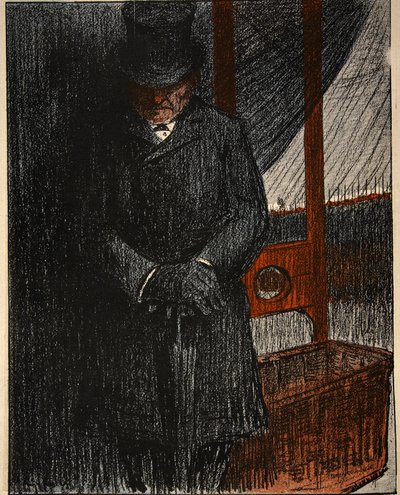 Hautausurakoitsija odottaa seuraavaa uhriaan giljotiinin luona, kuvitus teoksesta "The Butter Plate: The Functionaries", 9. elokuuta 1902 (värilitho) tekijältä Eugene Cadel