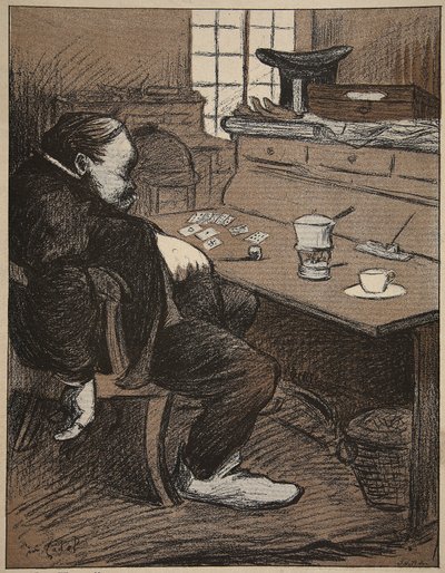 Kovaa työtä, tauko korteista ja kahvista!, kuvitus teoksesta "The Butter Plate: The Officials", 9. elokuuta 1902 tekijältä Eugene Cadel