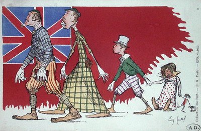 Postikortti, jossa karikatyyri brittiläisestä perheestä tekijältä Eugene Cadel