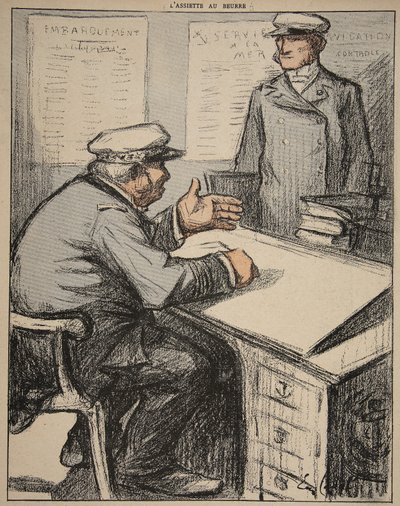 Kaksi merenkulkuherrasmiestä toimistossaan, kuvitus teoksesta "The Butter Plate: The Officials", 9. elokuuta 1902 tekijältä Eugene Cadel