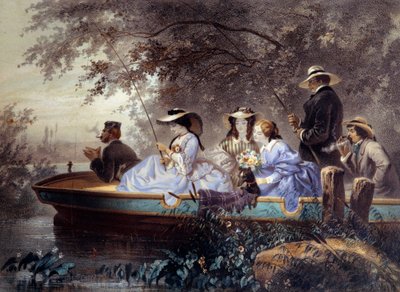 Sunnuntai perheen kanssa kalastamassa joessa Litografia Eugene Guerard (1821-1866) 1800-luvun Pariisi, Musee Carnavalet tekijältä Eugene Charles Francois Guerard
