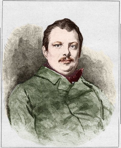 Honore Balzacin muotokuva vuonna 1830 (1799 - 1850), ranskalainen kirjailija. Kaiverrus Eugene Chiquet. tekijältä Eugene Chiquet