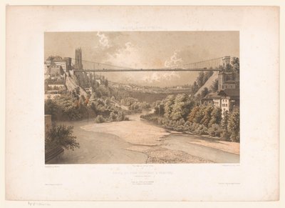 Gezicht op de hangbrug over de Sarine, te Fribourg Sveitsi Savoy ja Tiroli / Fribourgin riippusillan profiili (Fribourgin kantoni) (otsikko esineessä) tekijältä Eugene Ciceri