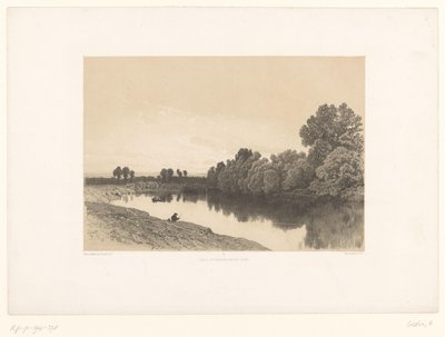 Jokimaisema kalastajien kanssa iltavaloissa Kuvankauniita maisemia (sarjan nimi) Croquis pittoresques (sarjan nimi esineellä) tekijältä Eugene Ciceri