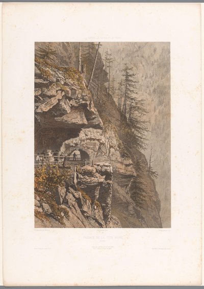 Wandelaars op de Tête Noire-pas tussen Martigny en Chamonix Mustapään kulku (otsikko esineessä) Gezichten in Zwitserland, Savoy in Tirol (sarjan nimi) Sveitsi, Savoy ja Tiroli (sarjan nimi esineellä) tekijältä Eugene Ciceri