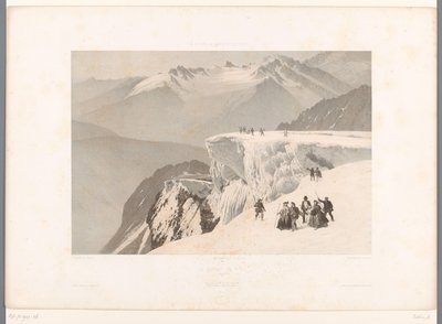 Vaeltajia Mont Buetin huipulla Le sommet du Buet (otsikko esineessä) Nähtävyydet Sveitsissä, Savoyssa ja Tirolissa (sarjan nimi) La Suisse, la Savoie et le Tyrol (sarjan nimi esineellä) tekijältä Eugene Ciceri