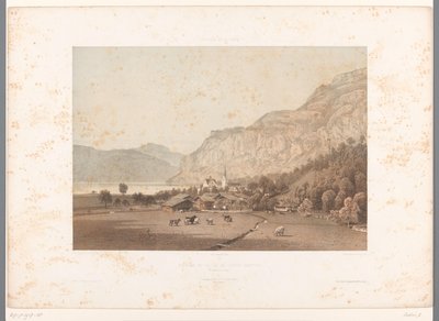Näkymä Flüelenistä Luzernjärvellä Flüelen et le lac de Quatre Cantons (otsikko esineessä) Kasvot Sveitsissä ja Savoyssa (sarjan nimi) La Suisse et la Savoie (sarjan nimi esineellä) tekijältä Eugene Ciceri