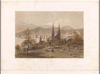 Näkymä Luzernille Luzerni (otsikko esineessä) Nähtävyydet Sveitsissä, Savoyssa ja Tirolissa (sarjan nimi esineellä) La Suisse, la Savoie et le Tyrol (sarjan nimi) tekijältä Eugene Ciceri
