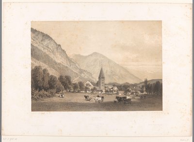 Näkymä Meiringeniin Meiringen (otsikko esineessä) Kasvot Sveitsissä ja Savoyssa (sarjan nimi) La Suisse et la Savoie (sarjan nimi esineellä) tekijältä Eugene Ciceri