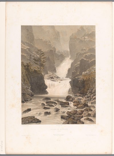 Näkymä Barberinen vesiputoukselle lähellä Vallorcinea Cascade de Barberine (otsikko esineessä) Nähtävyydet Sveitsissä, Savoyssa ja Tirolissa (sarjan nimi) La Suisse, la Savoie et le Tyrol (sarjan nimi esineellä) tekijältä Eugene Ciceri