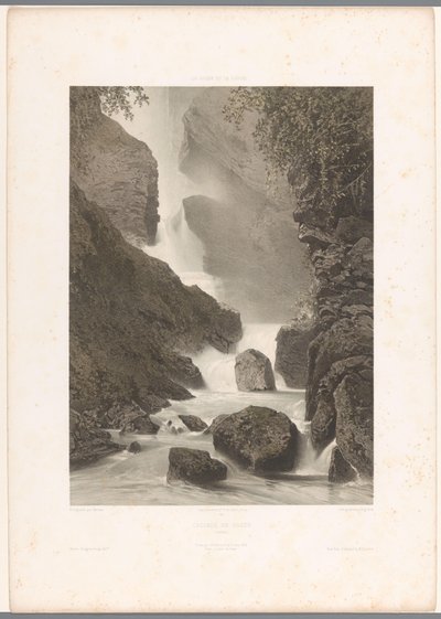 Näkymä Chèden vesiputoukselle Cascade de Chède (otsikko esineessä) La Suisse et la Savoie (sarjan nimi) Kasvot Sveitsissä ja Savoyssa (sarjan nimi esineellä) tekijältä Eugene Ciceri