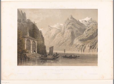 Näkymä Tellsin kappelille Luzernjärvellä La Chapelle de G.me Tell et le lac des Quatre-Cantons (otsikko esineessä) Kasvot Sveitsissä, Savoyssa ja Tirolissa (sarjan nimi) La Suisse, la Savoie et le Tyrol (sarjan nimi esineellä) tekijältä Eugene Ciceri