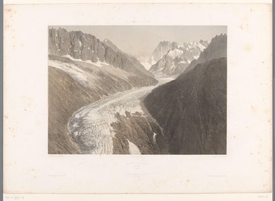 Näkymä Mer-de-Glace-jäätikölle Chamonixissa La Mer de Glace, Chamonix (otsikko esineessä) Kasvot Sveitsissä ja Savoyssa (sarjan nimi) La Suisse et la Savoie (sarjan nimi esineellä) tekijältä Eugene Ciceri