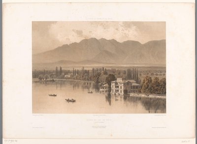Näkymä Thun-järven rannalle Bords du Lac de Thun (otsikko esineessä) Nähtävyydet Sveitsissä, Savoyssa ja Tirolissa (sarjan nimi) La Suisse, la Savoie et le Tyrol (sarjan nimi esineellä) tekijältä Eugene Ciceri