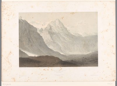 Näkymä Grindelwaldin laaksoon Grindelwaldin laakso (otsikko esineessä) Kasvot Sveitsissä ja Savoyssa (sarjan nimi) La Suisse et la Savoie (sarjan nimi esineellä) tekijältä Eugene Ciceri