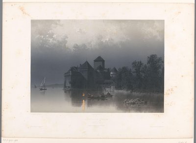 Näkymä Chillonin linnalle Genevejärvellä Château de Chillon (otsikko esineessä) Kasvot Sveitsissä ja Savoyssa (sarjan nimi) La Suisse et la Savoie (sarjan nimi esineellä) tekijältä Eugene Ciceri