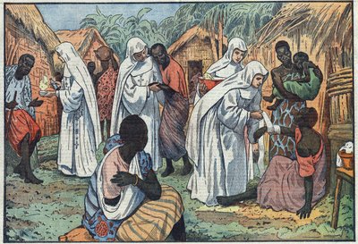 Valkoisten sisarten museoiden vihkiäisistä Lateraanipalatsissa Roomassa Päiväntasaajan Afrikan kylässä, jossa he katekisoivat ja hoitavat sairaita. Kuva Damblansista. "" Le Pelerin" -lehdessä 29. tammikuuta tekijältä Eugene Damblans