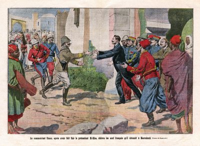 Marokon tapahtumat, jotka Hubert (Louis-Hubert-Gonzalve) Lyauteyn (1854-1934) ja Charles Manginin (1866-1925) joukot ottivat haltuunsa Marrakechista. Komentaja Simon vapautti yhdeksän, kun hän oli paennut teeskentelevää El-Hibaa (El Hiba) (Ahmed al-Hiba (A tekijältä Eugene Damblans