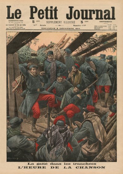 Iloiset juhlat juoksuhaudoissa, Song Time, etukannen kuvitus Le Petit Journalista, liite kuva, 6. joulukuuta 1914 tekijältä Eugene Damblans