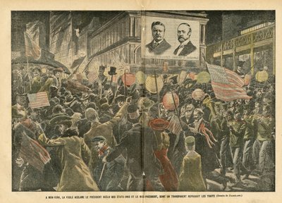 Kuva Eugene Damblansista (1865-1945) Le Pelerinissä, 20.11.04 - New Yorkissa yleisö hurraa Yhdysvaltain uudelleen valittua presidenttiä ja varapresidenttiä, jonka läpinäkyvä toistaa piirteet - Amerikka USA, vaalit, arkkitehtuuri Urbani tekijältä Eugene Damblans