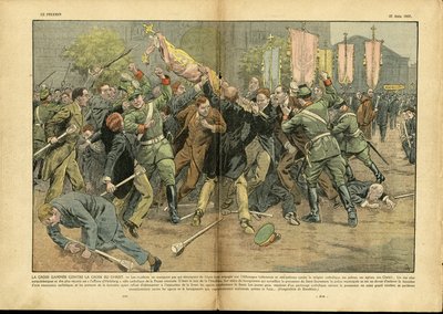 Ilustrasyon ni Eugene Damblans (1865-1945) sa Le Pelerin, 27/06/37 - The cross gammee against the cross of Christ in Hitlerian Germany - Germany Prussia, Religion Faith, Crowd, Fighting, Righting, Gammee Cross, Christian Cross, Catholic Katolisismo - Soldf tekijältä Eugene Damblans