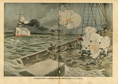 Kuva Eugene Damblansista (1865-1945) Le Pelerinissä, 28.02.04 - Vladivostokin venäläiset risteilijät upottavat japanilaisen kuljetuskaluston - Armee, Maritime Marine Seaside, Venäjän ja Japanin sota, Sota-alukset, Vladivostok - Merimiehet, merimiehet tekijältä Eugene Damblans