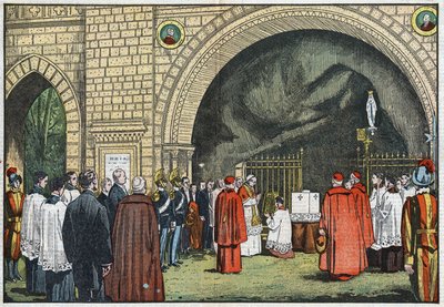 "Grotto de Lourdesin" edessä Vatikaanin puutarhoissa paavi Pius XI siunasi Propaganda Collegen ensimmäisen kiven, joka kohoaisi Janiculeen. Kuva Damblansista. Le Pelerinissä 3. kesäkuuta tekijältä Eugene Damblans