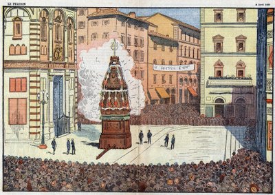 Scoppio del Carro (kärryjen räjähdys) Firenzen kaupungin kansantapahtuma - Damlansin kuvitus huhtikuusta 1928 tekijältä Eugene Damblans