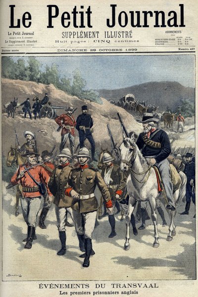 Etelä-Afrikka - Buurien sota. Transvaal tapahtumia. Ensimmäiset englantilaiset vangit, jotka buurit vangitsivat. Piirustus Damblaneista. "" Le Petity Journal", 29. lokakuuta tekijältä Eugene Damblans