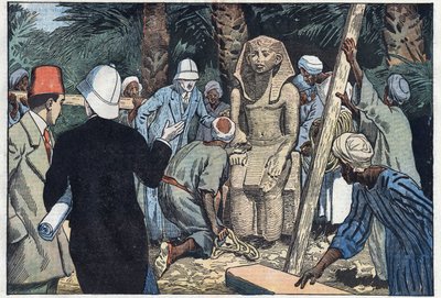 Ranskalainen arkeologinen tehtävä löytää Sesostris III -teinipatsaan, joka tuodaan Louvreen. Medamoud, muinainen Thebes, Egypti. Kuva Damblansista. "" Le Pelerin" -lehdessä 22. marraskuuta tekijältä Eugene Damblans