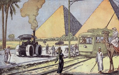 Näkymä Gizan pyramideista Egyptissä, Eugene Damblansin kuvitus ranskalaisesta "Le Pelerin" -lehdestä 1. tammikuuta tekijältä Eugene Damblans