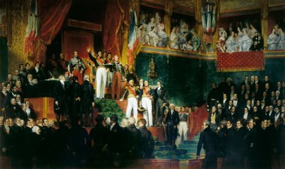 Louis-Philippe I vannoi virkavalan kuninkaaksi edustajainhuoneen edessä 9. elokuuta 1830 tekijältä Eugene Deveria