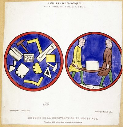 Keskiajan rakentamisen historia: 1200-luvun lasimaalausten fac-vertailu, Cathedrale de Chartres -piirros Eugene Viollet-le-Duc (Viollet le Duc) (1814-1879), jossa on useita makonisia symboleja. tekijältä Eugene Emmanuel (after) Viollet le Duc